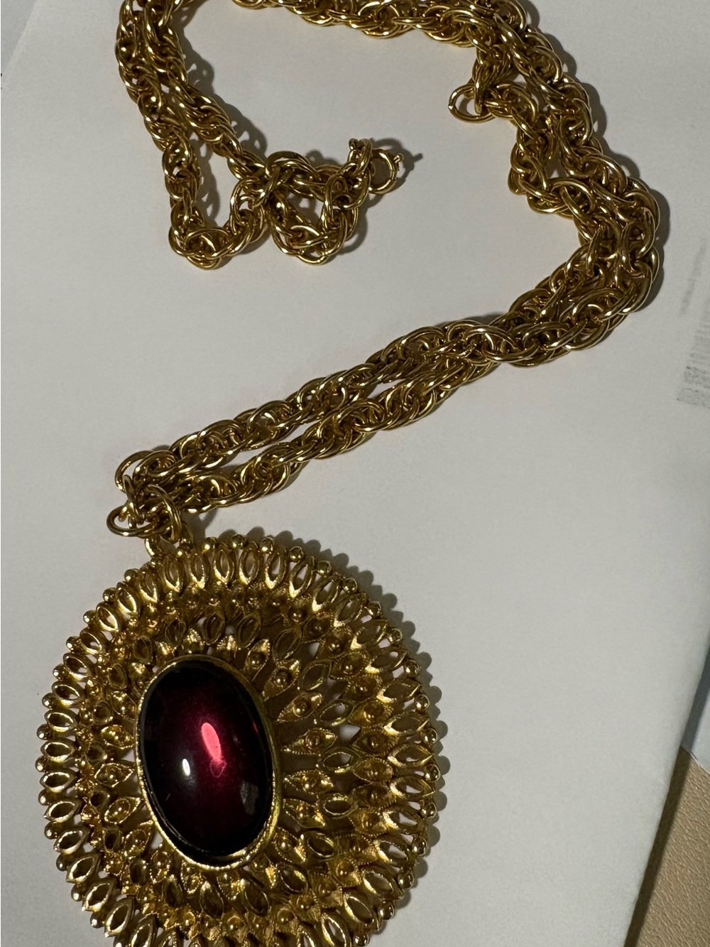 Gold-Tone Pendant Necklace with Deep Red Cabochon
